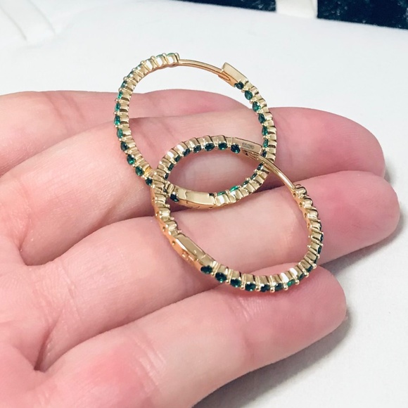 Lab Emerald Inside Out Hoop Earrings - Picture 8 of 11